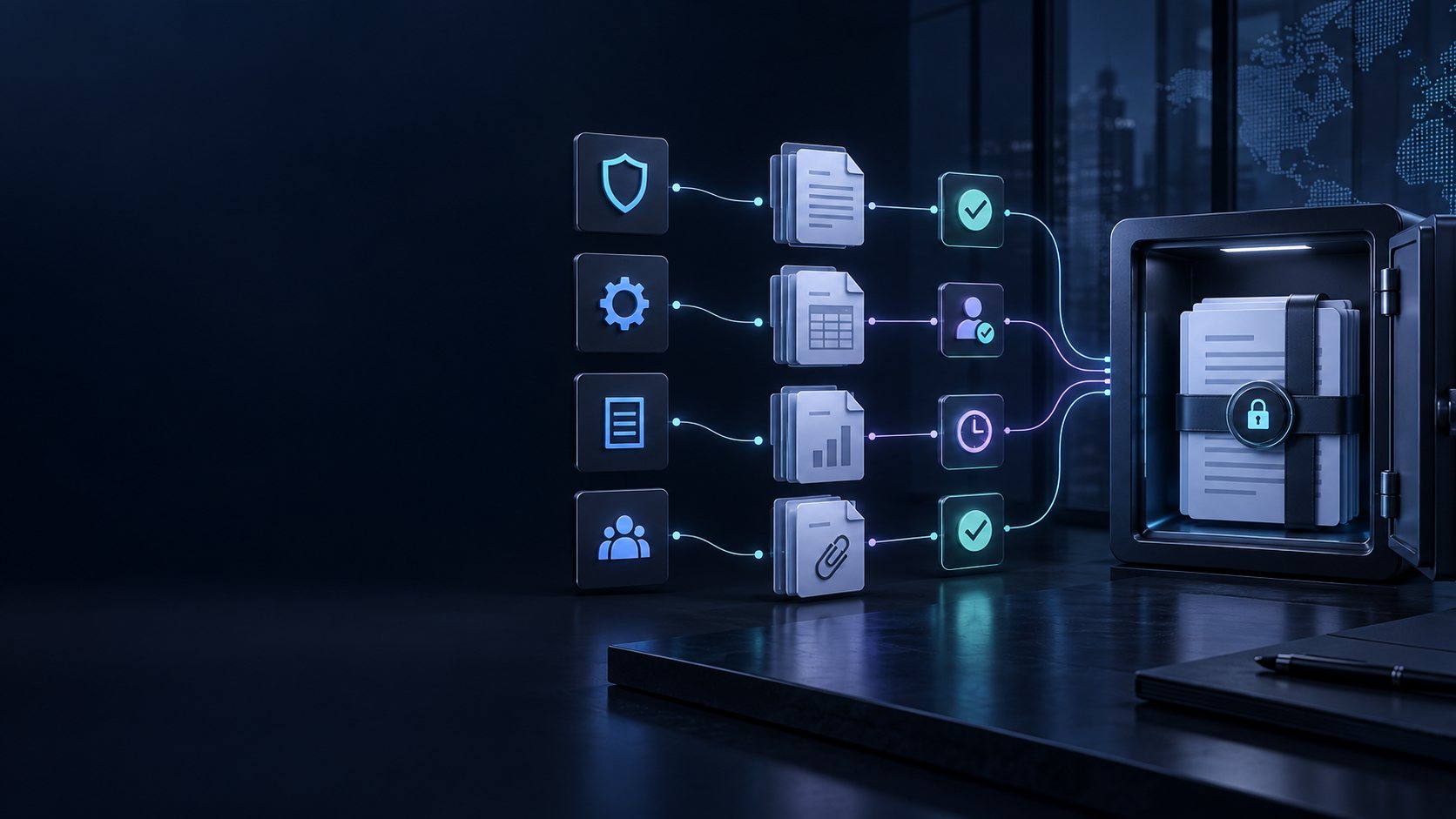 Illustration of evidence and review records connected to a protected vault